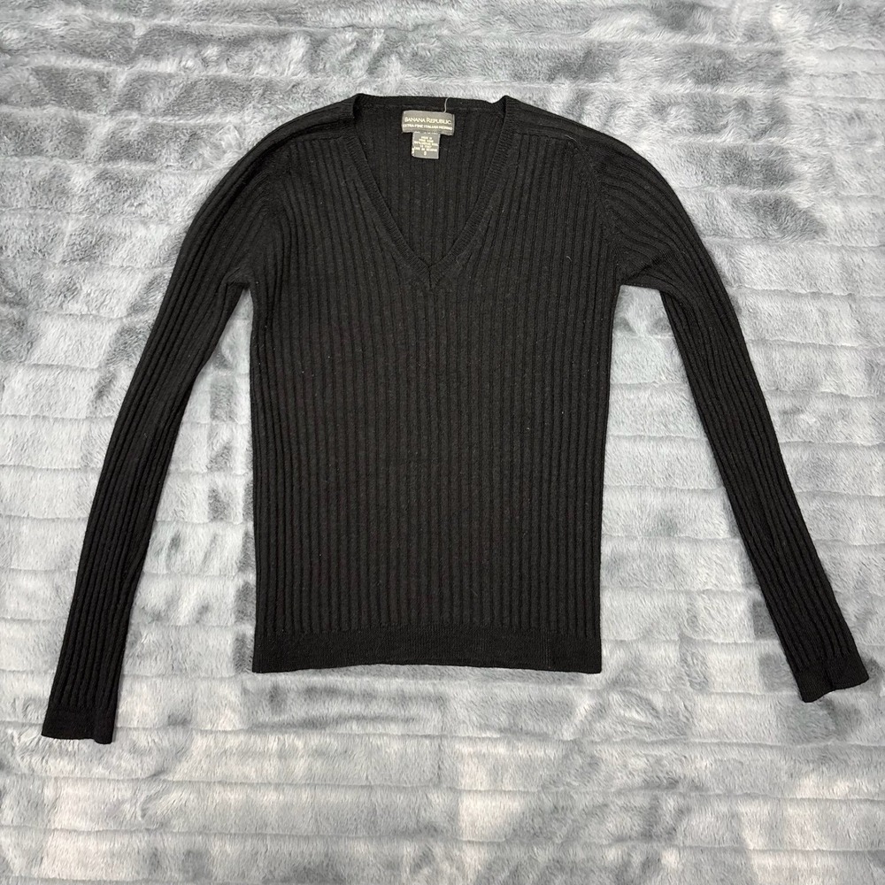 Banana Republic Extra Fine Italian Merino Wool V-Neck Ribbed Sweater Black Small
